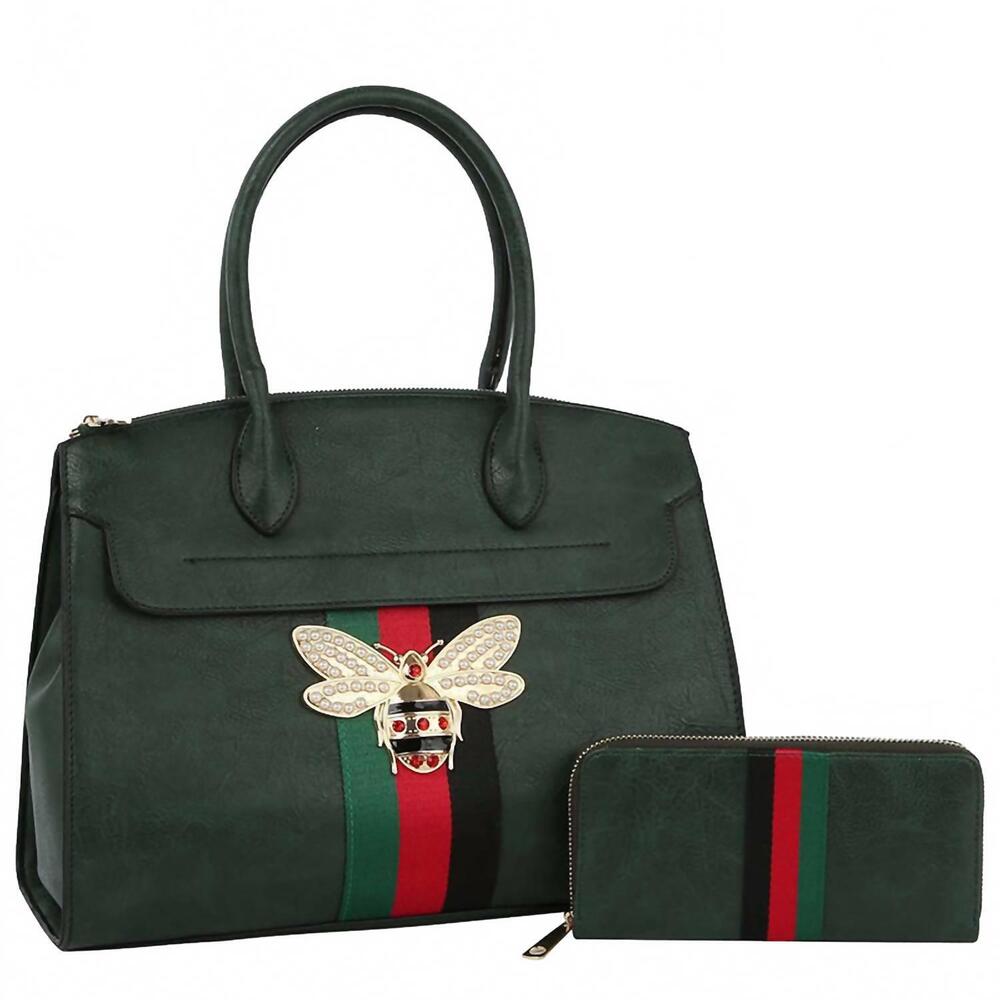 NEW SOULFINA COLLECTION women's queen bee stripe 2-in-1 satchel in green